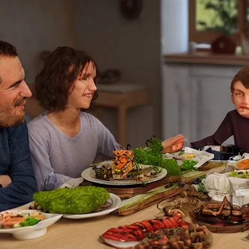 Prompt: traditional balkan family sitting at the dinner table and enjoying insect-based food, 8k render, unreal engine