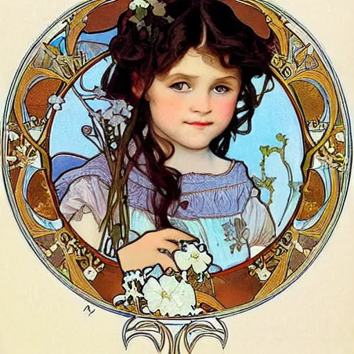 Prompt: art nouveau painting by Alphonse Mucha of a little girl with curly brown hair, blue eyes and a cute cherubic round face. She is framed by flowers. Soft, muted colors, dreamy aesthetic.