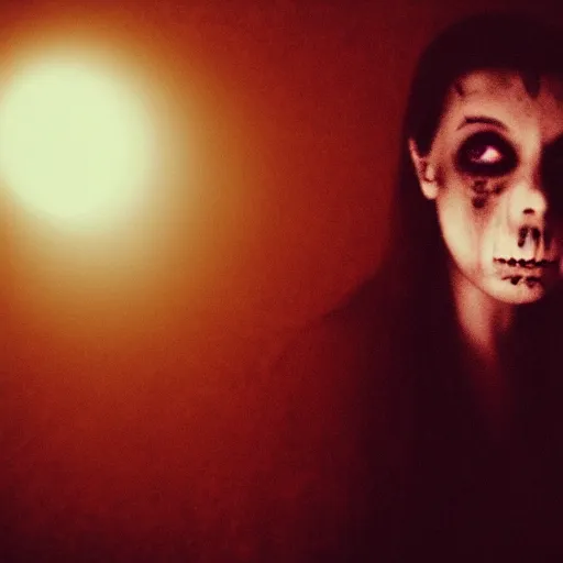 Prompt: A selfie of a woman in a dark room, with a spooky filter applied, in a Halloween style.