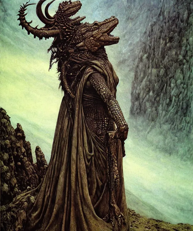 Prompt: A detailed horned crocodilewoman stands among the hills. Wearing a ripped mantle, robe. Perfect faces, extremely high details, realistic, fantasy art, solo, masterpiece, art by Zdzisław Beksiński, Arthur Rackham, Dariusz Zawadzki