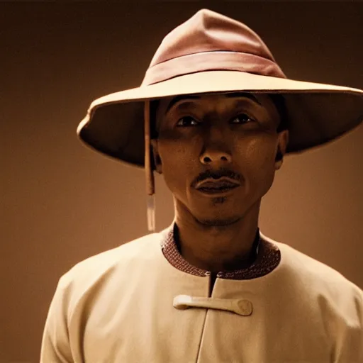 Image similar to cinematic film still Pharrell Williams starring as a Samurai holding fire, Japanese CGI, VFX, 2003, 40mm lens, shallow depth of field,film photography