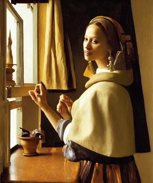 Prompt: a highly detailed, beautifully lit oil painting portrait of a pretty, young alicia jessica vikander alba sitting at a table by an open window, by vermeer