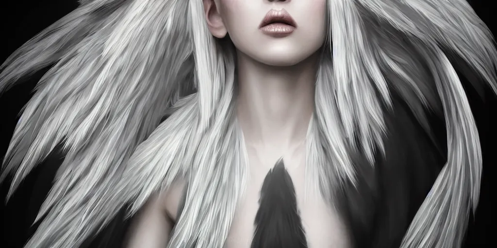 Image similar to portrait of symmetric detailed angel with white hair with detailed white wings flying in black smoke, ultra realistic, epic, highly detailed, hd, sharp focus, cinematic lighting, realistic, vivid colors, gritty, matt painting, digital art, non blurry, sharp, artstation, concept art, smooth, illustration.