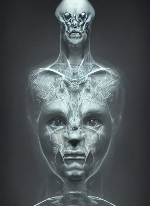 Image similar to portrait of janus bifrons, cinematic lighting, studio portrait against a black background, modern fine art, fractal, intricate, elegant, highly detailed, digital photography, subsurface scattering, in the style of ghost, by jheronimus bosch and yue minjun and giger and greg rutkowski,