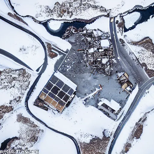 Prompt: snowy region on coast of Iceland, old mine and crates full of supplies buried in snow::2 aerial drone perspective, top down view ::1 sattelite image of snow from 150 meters height, some coal boxes and barrels are covered in snow, old mine remains :: 1 snow, wind falling snow ::1