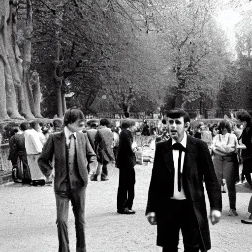 Image similar to 35mm photograph of Marcel Proust exiting a time machine in the middle of Luxembourg Gardens, Paris, 1973, in front of a stunned crowd