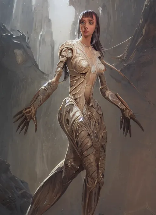 Image similar to a professional painting of a beautiful young female alien, clothed in ethereal armor, olive skin, long dark hair, beautiful bone structure, symmetrical facial features, intricate, elegant, digital painting, concept art, smooth, sharp focus, illustration, from Valerian and the City of a Thousand Planets, by Ruan Jia and Mandy Jurgens and Artgerm and William-Adolphe Bouguerea