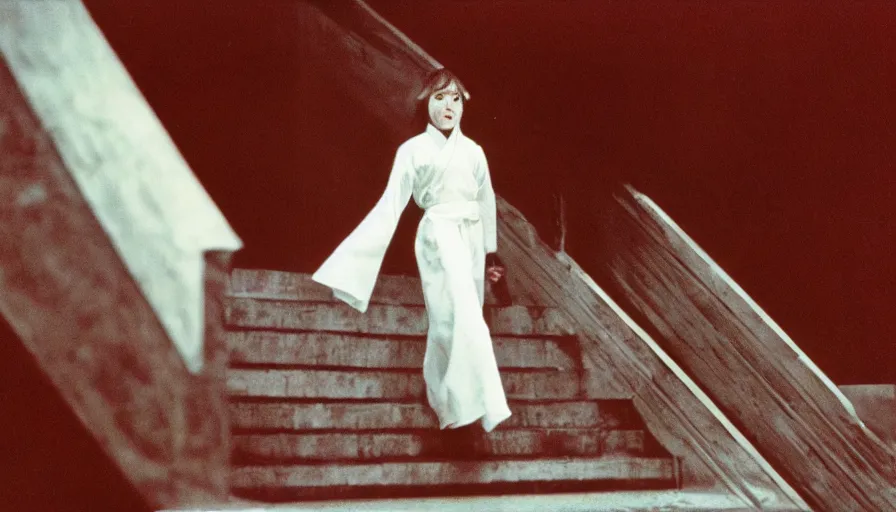 Image similar to 60s movie still of a white japanese female phantom bloody in an infinite stair, eastmancolor, heavy grain, high quality, higly detailed, liminal space
