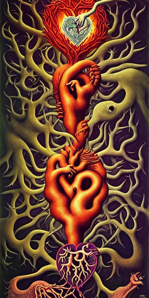 Image similar to mythical creatures and monsters in the visceral anatomical human heart imaginal realm of the collective unconscious, in a dark surreal mixed media oil painting by johfra, mc escher and ronny khalil, dramatic lighting from inner fire