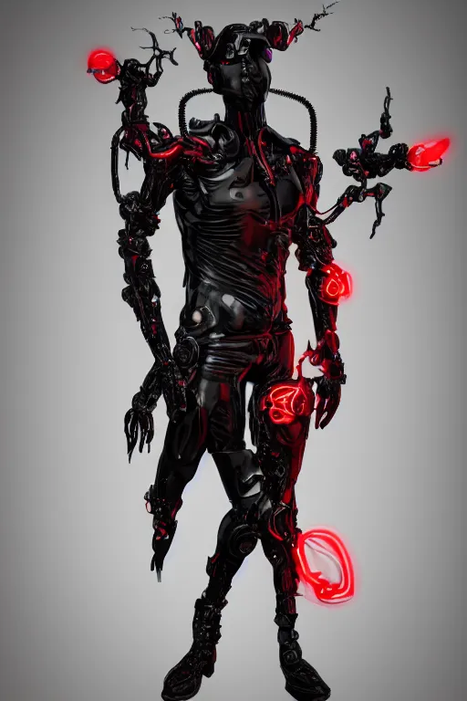 Image similar to full-body cyberpunk style sculpture of a young handsome dark god of battle, half android with a head opening exposing circuitry, glowing red eyes, black roses, flowing blood-red colored silk, fabric, candles. baroque elements, genetically augmented cyborg male. full-length view. baroque element. intricate artwork by caravaggio. Trending on artstation, octane render, cinematic lighting from the right, hyper realism, octane render, 8k, depth of field, 3D