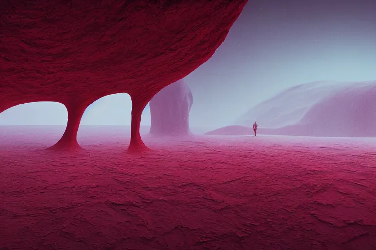 Image similar to a hd render of a surreal frozen landscape, cinematic lighting, by beeple and zdzisław beksinski, red color scheme