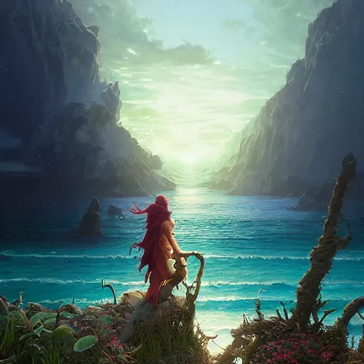 Image similar to epic view to sea with platforms, stephen bliss, unreal engine, fantasy art by greg rutkowski, loish, rhads, ferdinand knab, makoto shinkai and lois van baarle, ilya kuvshinov, rossdraws, tom bagshaw, alphonse mucha, global illumination, radiant light, detailed and intricate environment