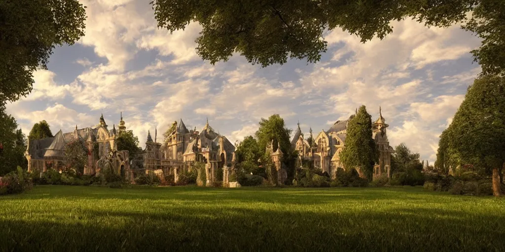 Prompt: gothic, mansion, few clouds, dawn, flowerbeds, trees, french garden, god rays, realistic, cinematic lighting, very detailed, very ornate, volumetric, by artstation, artemisia gentileschi, wide angle