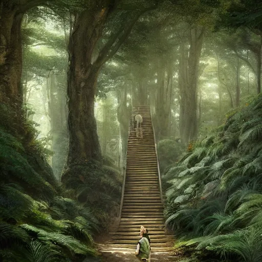 Image similar to a painting of a person walking up a set of stairs in a forest, a detailed matte painting by michael james smith, cgsociety, fantasy art, matte painting, cryengine, vray