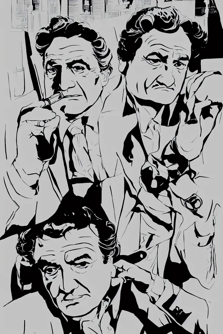 Image similar to An illustration of Peter Falk\'s Detective Columbo by Bruce Timm, in the style of the DC animated universe - high quality, sharp detail, 4k scan
