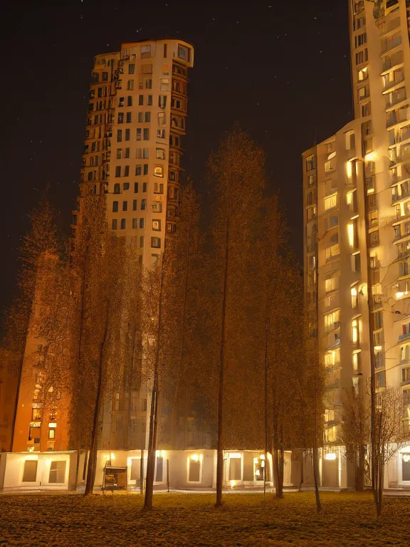 Image similar to soviet residential building in a residential area of russia, lights are on in the windows, night, starry sky, post - soviet courtyard, cozy atmosphere, light fog, street lamps with orange light, several birches nearby, several elderly people stand at the entrance to the building