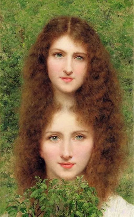 Image similar to portrait, woman!!, by eugen von blaas!! short! brown hair, fuzzy hair!!, smiling, looking at us, symmetrical face, perfect eyes, slight blush!! green plants background!!!