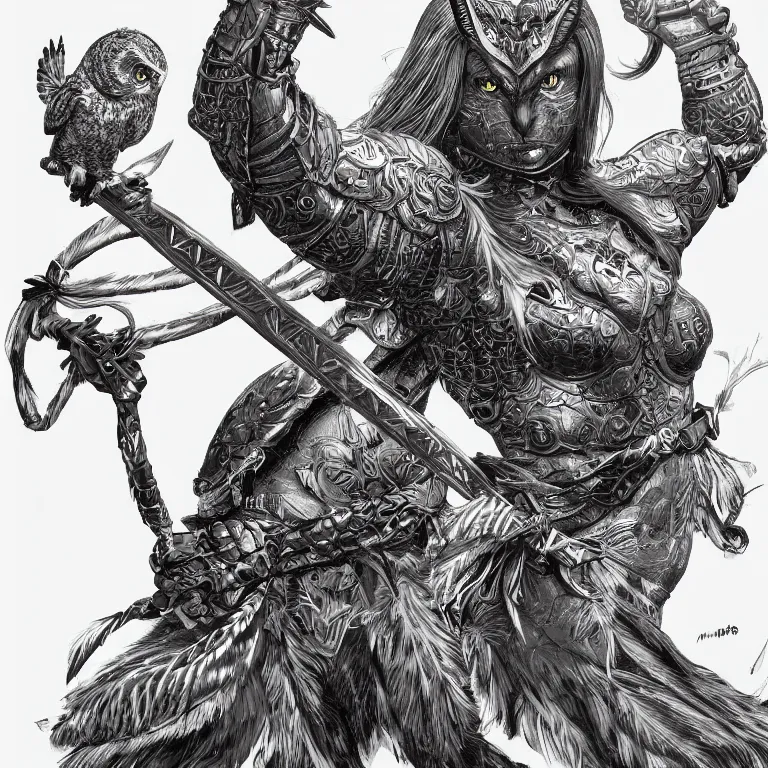 Prompt: wide shot of muscular female owl warrior, realistic proportions, sharp focus, beautiful face, wearing feather armor, wielding an owl broadsword, symmetrical, highly detailed, engraving kentaro miura manga art style trending on artstation 8 k