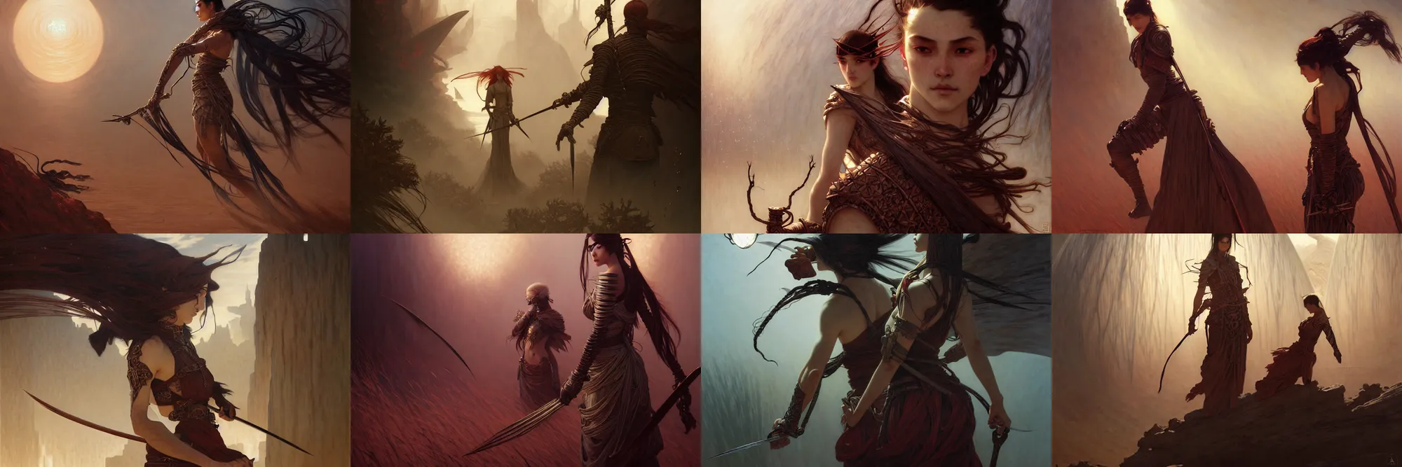 Prompt: The World of Kenshi, fantasy, intricate, elegant, dramatic lighting, emotionally evoking symbolic metaphor, highly detailed, lifelike, photorealistic, digital painting, artstation, concept art, smooth, sharp focus, illustration, art by John Collier and Albert Aublet and Krenz Cushart and Artem Demura and Alphonse Mucha