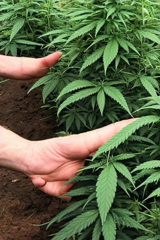 Prompt: devil spreads his hands against the background of growing cannabis.