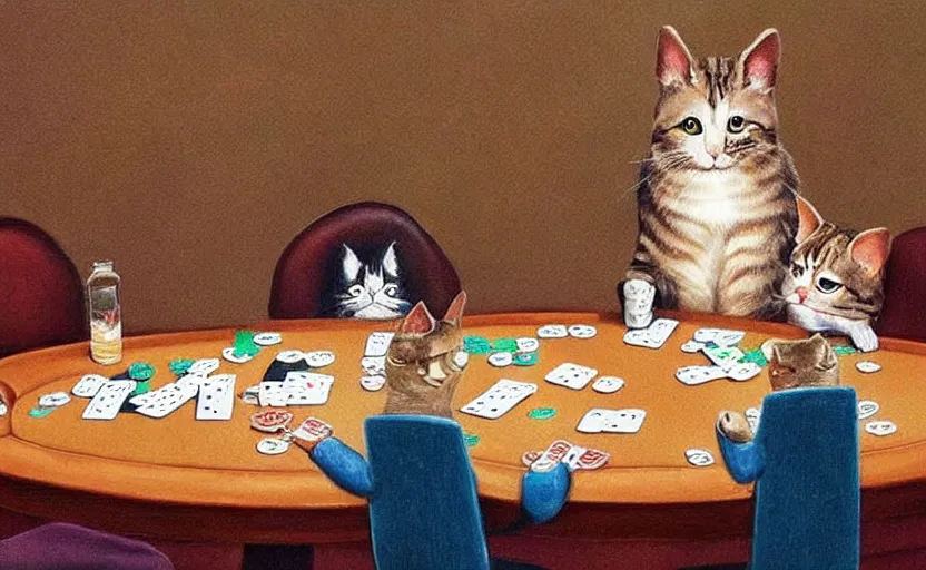 Prompt: funny cat playing poker, amazing artwork.