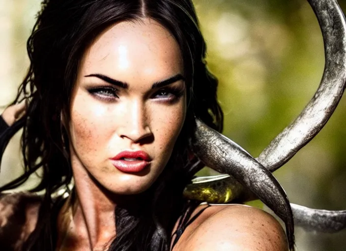 Image similar to megan fox as lara croft, magic and fantasy, highly detailed face, specular reflection, occlusion shadow, intricate, bokeh, masterpiece
