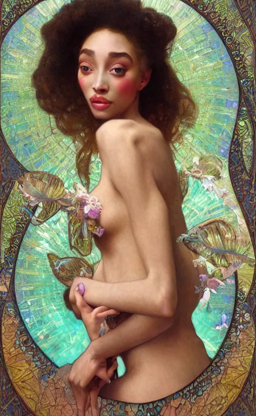 Image similar to a realistic oil painting of a beautiful young woman resembling winnie harlow, crystal encrustations, underwater, fantasy art, by mucha, by bouguereau, intricate, colorful