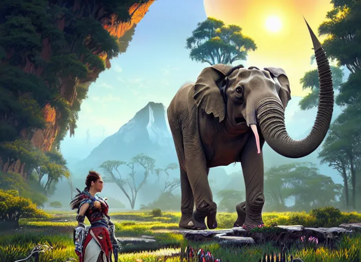 Image similar to symmetry!! landscape portrait of a group hybrid robot mamath elephant big tusk, floral! horizon zero dawn machine, intricate, elegant, highly detailed, ray tracing, digital painting, ancient ruins background, sunrise, atmospheric lighting, artstation, concept art, smooth, sharp focus, illustration, art by artgerm and greg rutkowski and alphonse mucha, 4 k