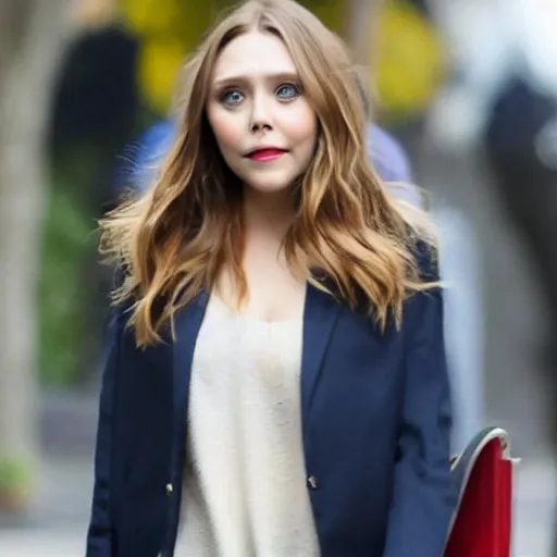 Image similar to portrait of elizabeth olsen walking down the street, trending on artisan, high quality