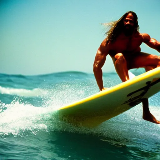 Prompt: macho king randy savage surfing on a dolphin. photo taken with fujinon premista 1 9 - 4 5 mm t 2. 9, portra 8 0 0.