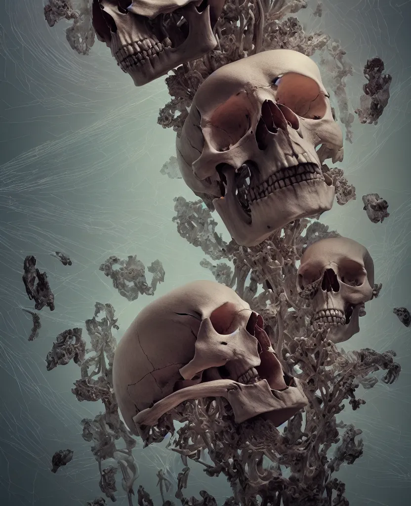 Image similar to composition of human skulls, animals skulls, bones, rib-cage and orchids, bioluminiscent, by Tooth Wu and wlop and beeple. octane render, trending on artstation, greg rutkowski very coherent symmetrical artwork. cinematic, hyper realism, high detail, octane render, 8k