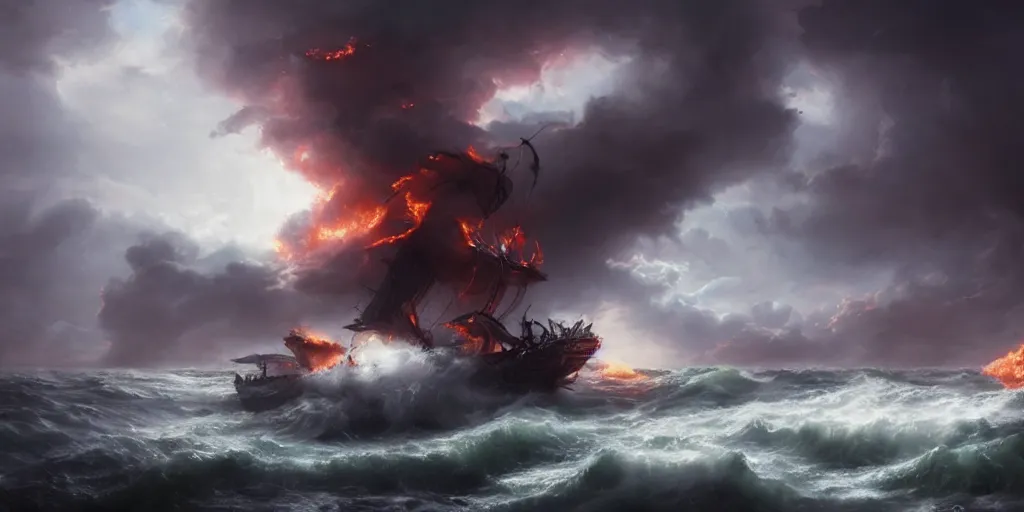 Image similar to photo of 8k ultra realistic ghost pirate ship on fire, swirling clouds and dramatic lighting, crashing waves, storm, lighting, full of colour, cinematic lighting, battered, trending on artstation, 4k, hyperrealistic, focused, extreme details,unreal engine 5, cinematic, masterpiece, art by Peter Mohrbacher