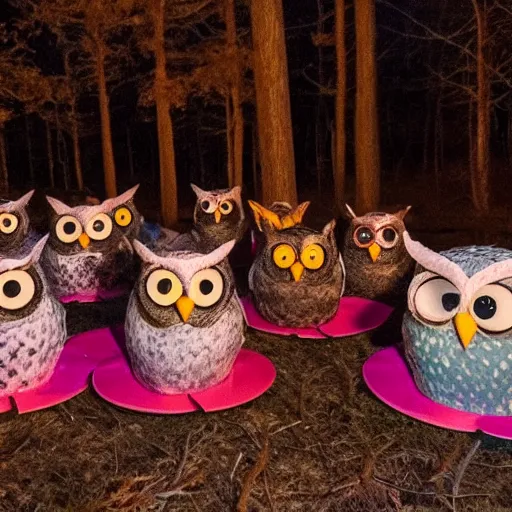 Prompt: photo of owl birthday party in the woods at night