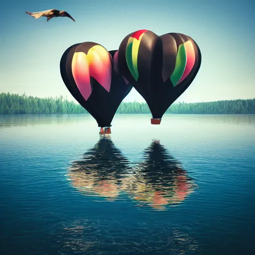 Image similar to photo of two black swans swimming in a beautiful reflective mountain lake, touching heads, forming a heart with their necks, a colorful hot air balloon is flying above the swans, hot air balloon, intricate, portrait, 8k highly professionally detailed, HDR, CGsociety, octane render, 4k