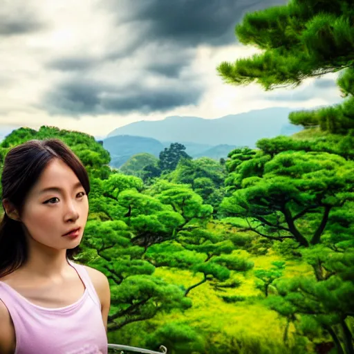 Image similar to a beautiful photograph of a girl with japan landscape in the background with trees, hdr, 8 k, high quality, sharp focus, artstation, highly detailed, award - winning, dramatic lighting, beautiful clouds, and nature