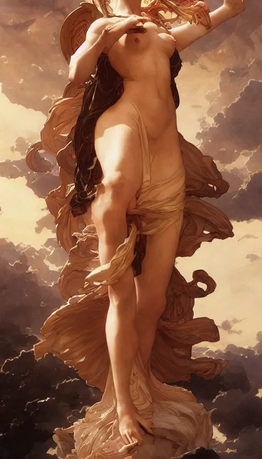 Image similar to goddess helios descending from olympus, artstation, concept art, smooth, sharp focus, illustration, art by artgerm and greg rutkowski and alphonse mucha and william adolphe bouguereau and john william waterhouse