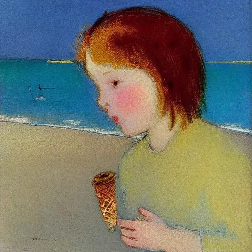 Image similar to pretty child eating ice cream on the beach, long hair flying becous wind by odilon redon