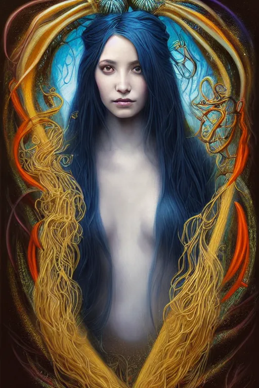 Prompt: portrait of a young female wizard in flowing sensual dress, long fine flowing hair, delicate, looking at camera, slightly smiling, realistic face, stylish, elegant, grimdark fantasy, extremely detailed painting inspired by Gerald Brom and Ernst Haeckel and Carvaggio , studio lighting