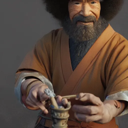 Image similar to an ultra detailed matte painting of bob ross smoking a pipe and dressed as a wandering ronin samurai, edo japan, concept art by jeong seon and greg rutkowski, octane render, 8 k, detailed face