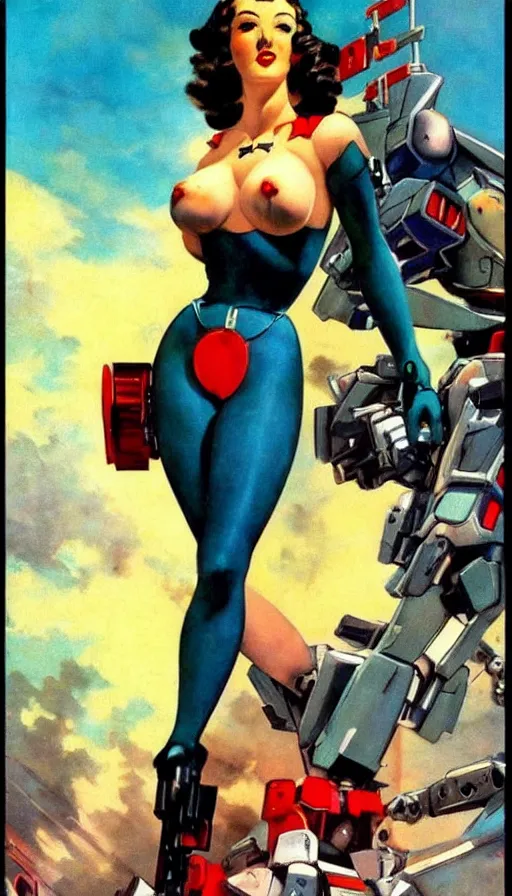 Image similar to full body cyberpunk beautiful woman, on a gundam, in the style of a 1 9 4 0 s oil painted pin - up, frank frazetta