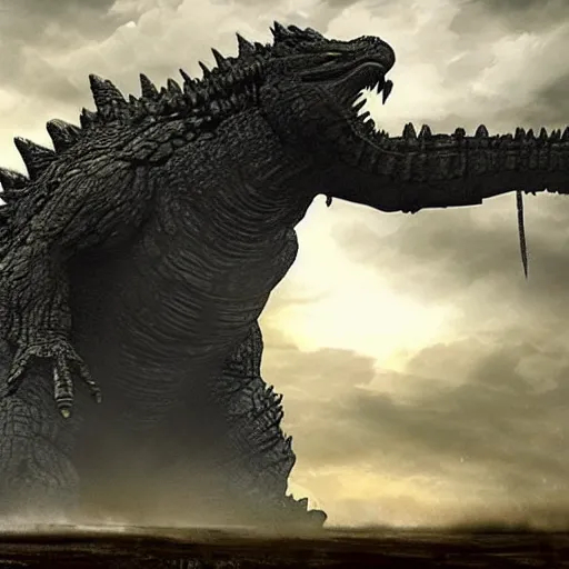 Image similar to Godzilla in the style of Shadow of the Colossus