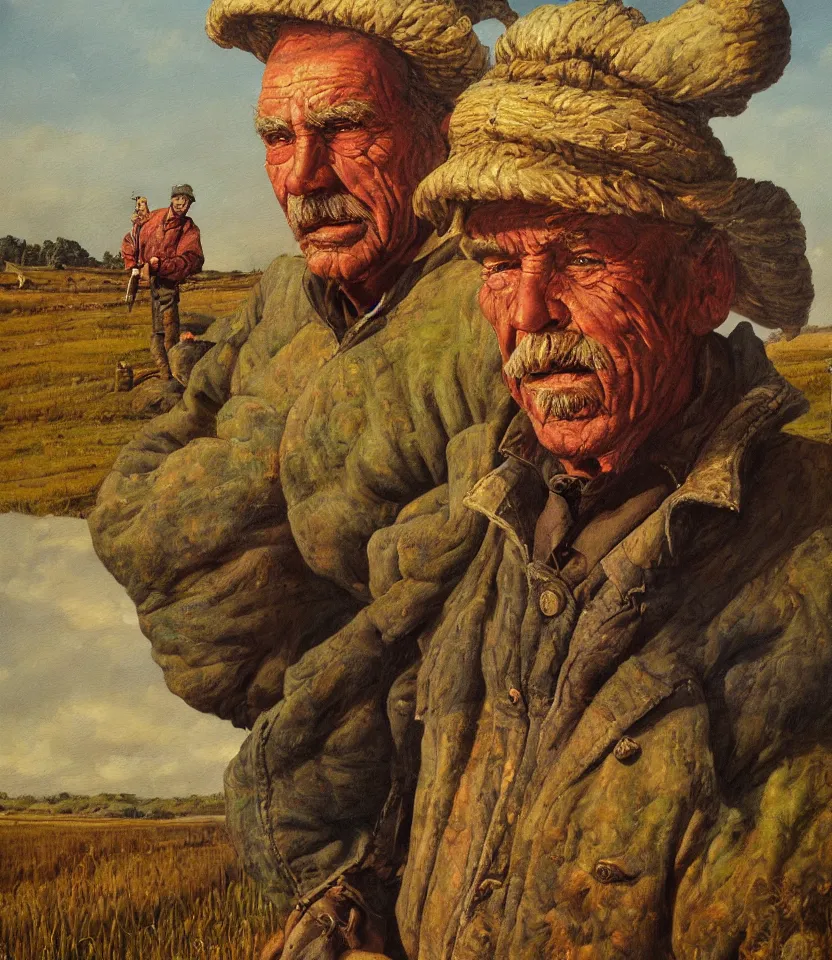 Image similar to a detailed painting portrait of a rugged old potato farmer standing proudly in his field by moebius. vivid colours fantasy. baroque elements. baroque element. oil painting. oil on canvas. award winning. dramatic. trending on artstation. 8 k