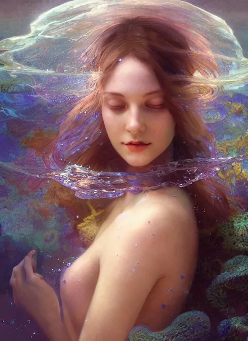 Image similar to hyper realist matte digital painting of a young beautiful woman, beautiful face, jugendstill, floating in water, bubbles rising, seaweed, headspace, fairytale, fantasy art, photo realistic, dynamic lighting, artstation, volumetric lighting, by mucha, by charlie bowater, by karol bak, by alma tadema