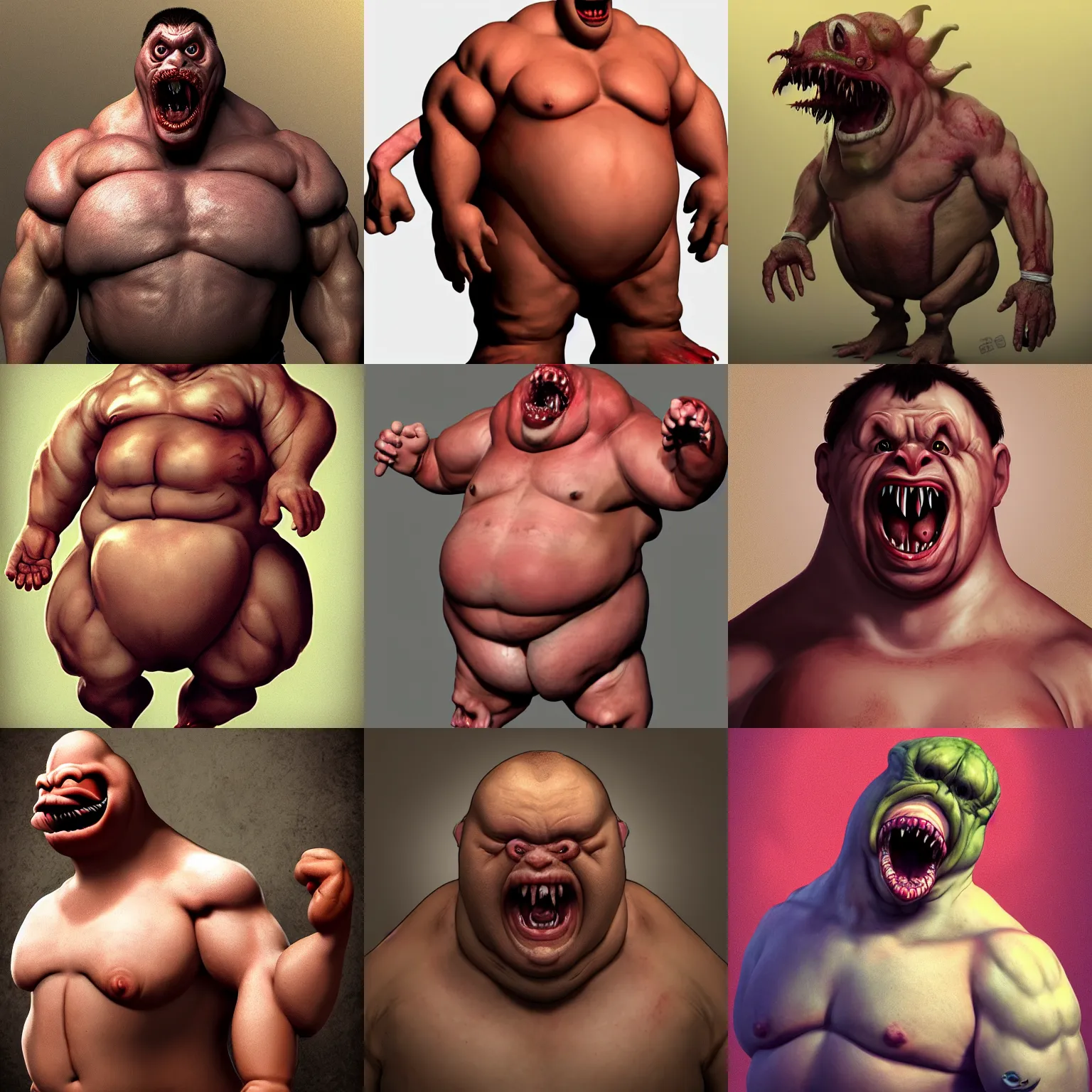 Prompt: photo of a realistic fat muscular pighead character screaming horror artstation trending by