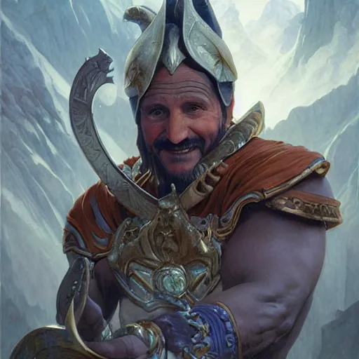 Image similar to robin williams as teferi, in the style of magic the gathering, glacier landscape, d & d, fantasy, intricate, elegant, highly detailed, digital painting, artstation, concept art, matte, sharp focus, illustration, art by artgerm and greg rutkowski and alphonse mucha