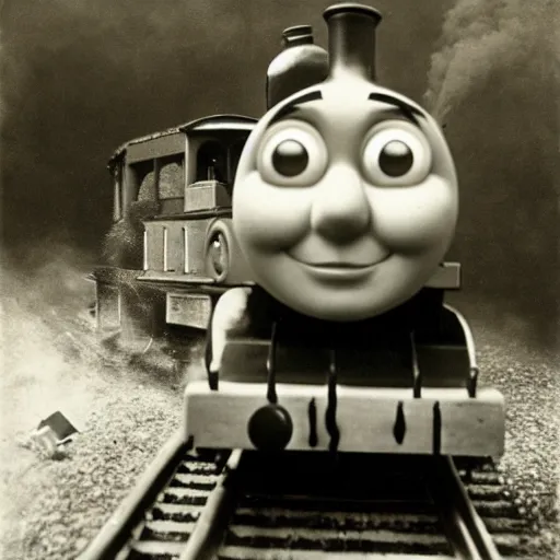 Image similar to thomas the tank engine overheating after having too much coal shoveled into his engine, dramatic photograph, 1 9 2 0 s