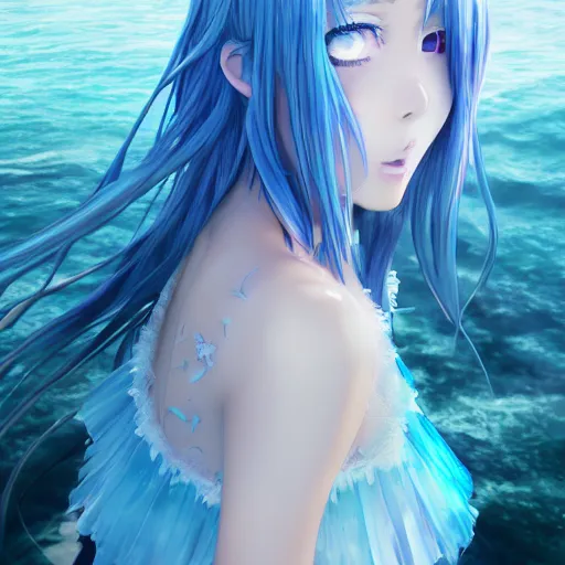 Prompt: a very beautiful anime girl wearing a dress made of water standing in a crystal lake , full body, long white hair with azure blue highlights blending into the dress , azure blue watery eyes, full round face, seductive over the shoulder glances , lens flare, cinematic lighting, medium shot, mid-shot, highly realistically detailed, trending on artstation, Unreal Engine 4k, Stanley Artgerm Lau, WLOP, Rossdraws, James Jean, Andrei Riabovitchev, Marc Simonetti, and Sakimichan