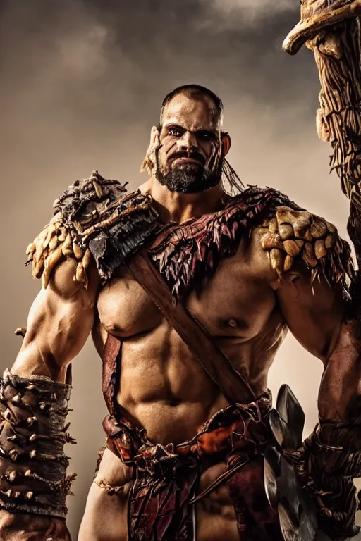 Prompt: Travis Willingham as Grog Strongjaw from Vox Machina, Goliath Barbarian, realistic cinematic shot, swirling nature magic, subtle fog and mood lighting