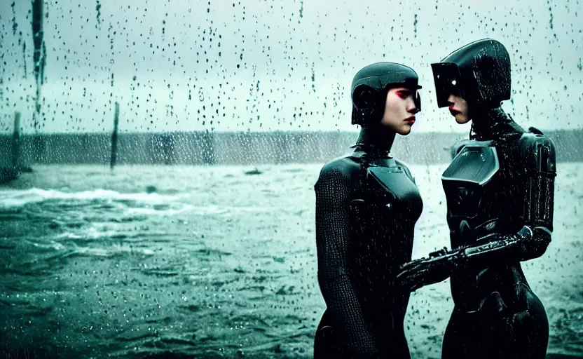 Prompt: cinestill 5 0 d candid photographic portrait by christopher nolan of two loving female androids wearing rugged black mesh techwear in treacherous waters, extreme closeup, modern cyberpunk retrofuturism moody emotional cinematic, pouring colorful rain, 8 k, hd, high resolution, 3 5 mm, f / 3 2, ultra realistic faces, ex machina