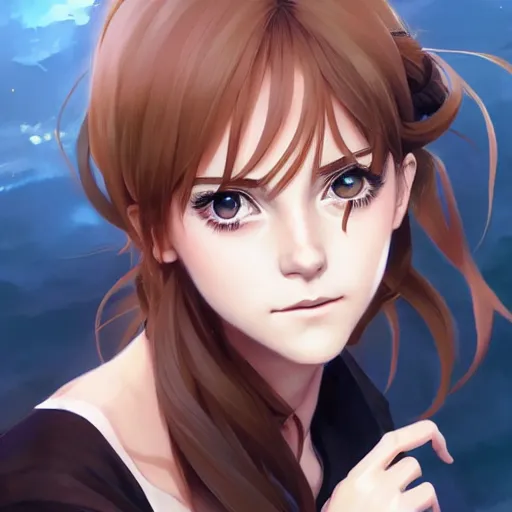 Image similar to anime portrait of emma watson as an anime girl by Stanley Artgerm Lau, WLOP, Rossdraws, James Jean, Andrei Riabovitchev, Marc Simonetti, and Sakimichan, trending on artstation